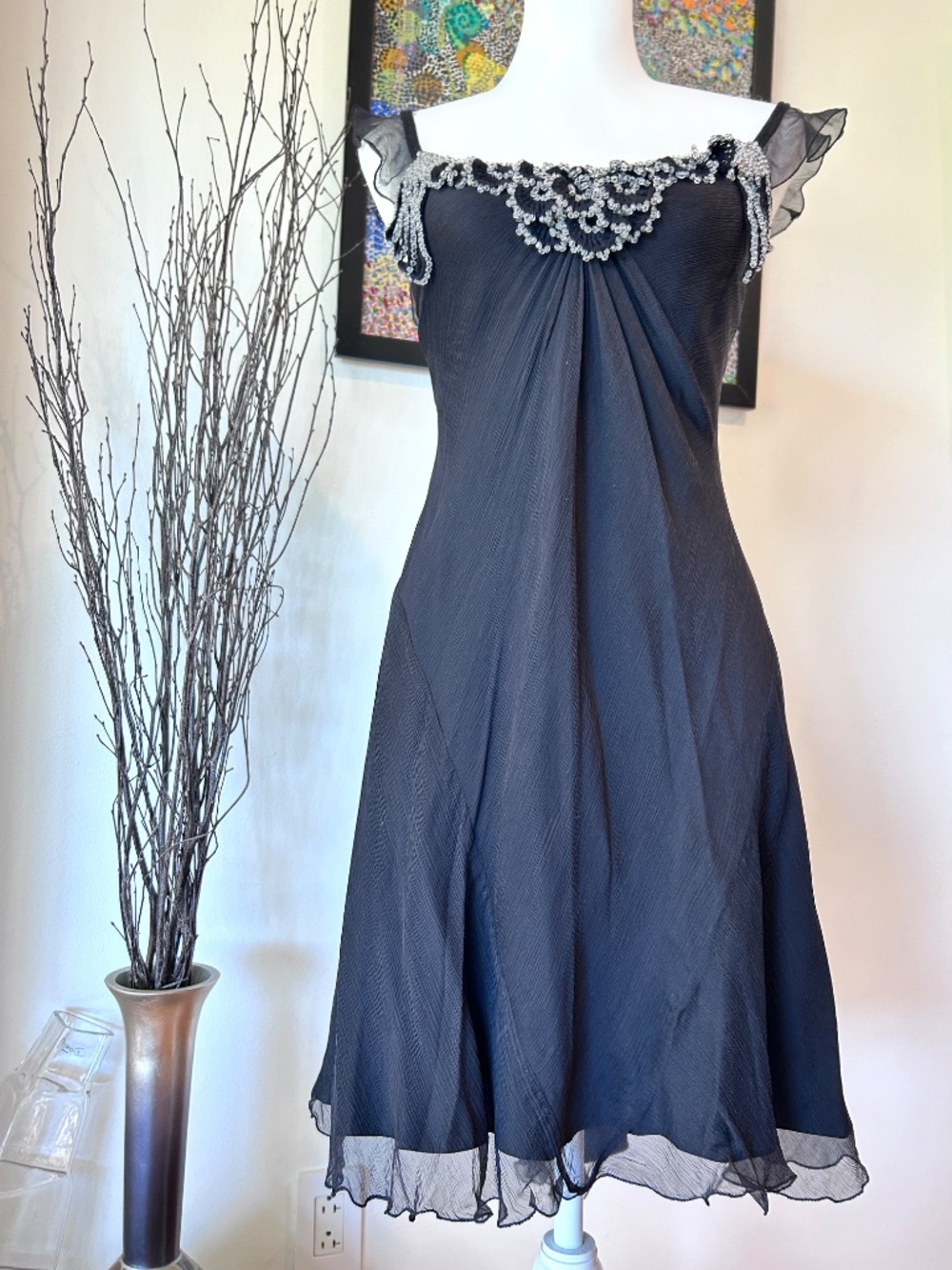 Max Studio Special Edition Vintage Crinkled Silk Chiffon Beaded Black Dress XS